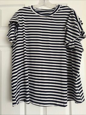 SHEIN Navy & White Striped Ruffle Sleeve Tee